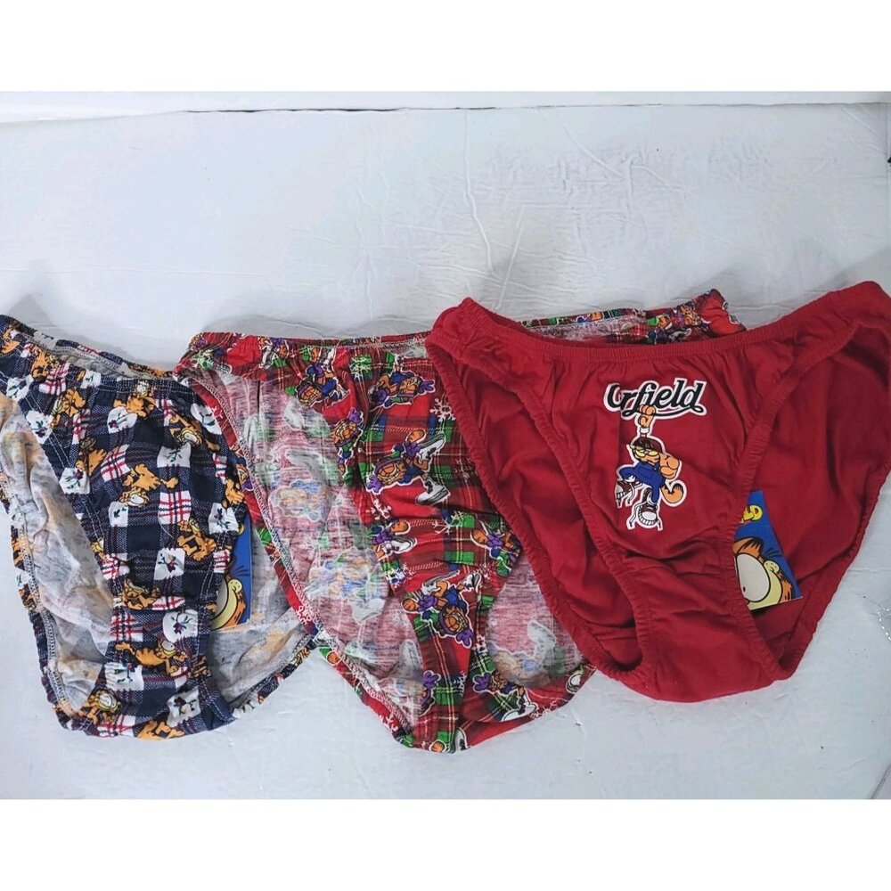 GARFIELD Plaid Red Blue Size 7 Cotton Bikini Brief NEW Vintage Lot Of 3